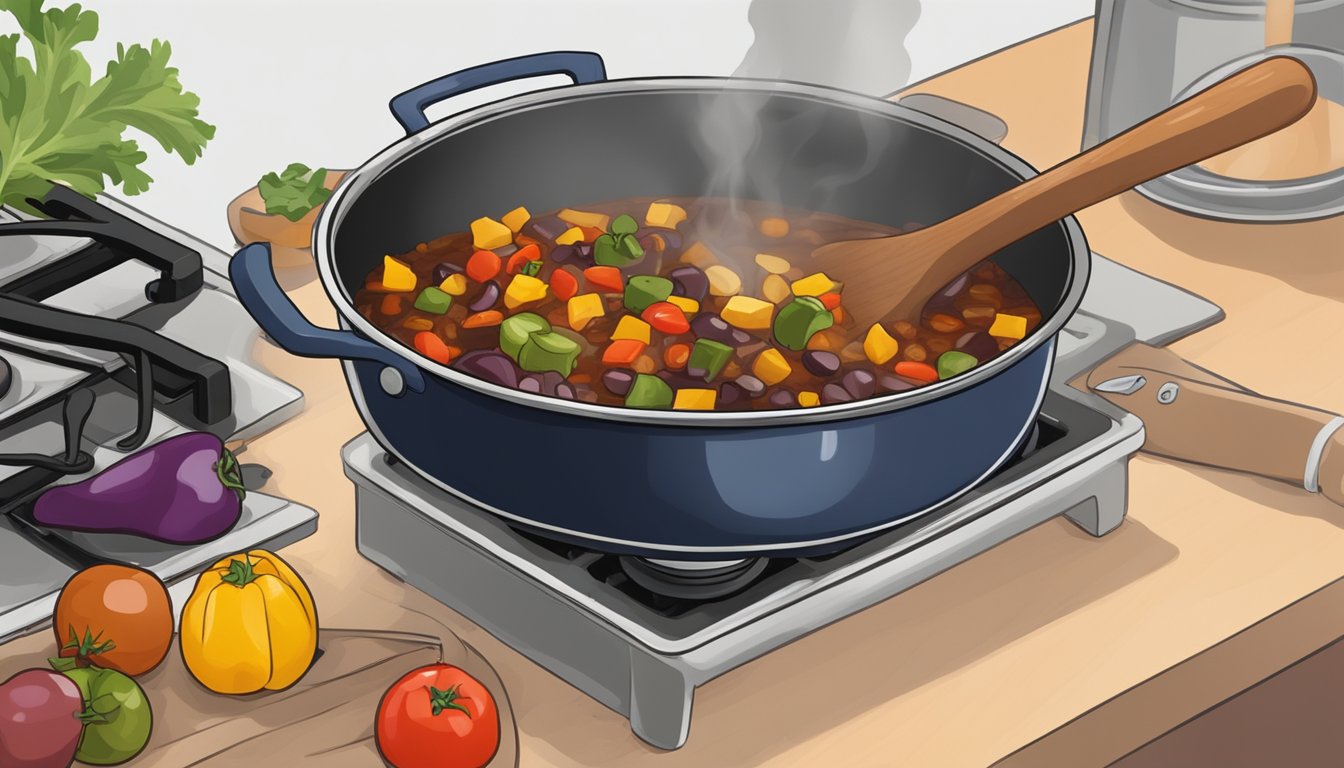 A pot of caponata simmering on a stovetop, steam rising as a wooden spoon stirs the mixture. A bowl of leftover caponata sits nearby, ready to be reheated