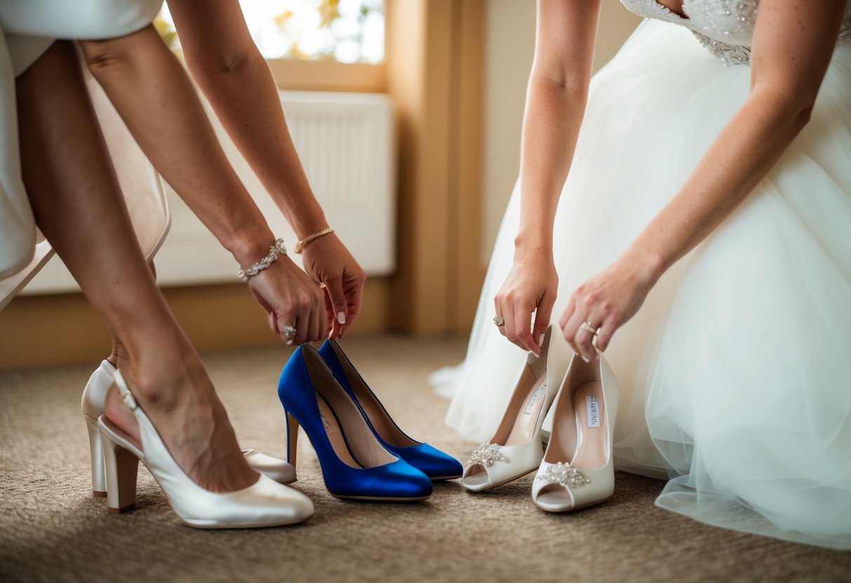 A bride trying on different pairs of wedding shoes, comparing the fit and comfort of each pair