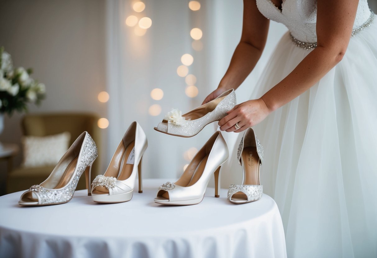 A bride trying on different wedding shoe styles and designs, considering whether to size up