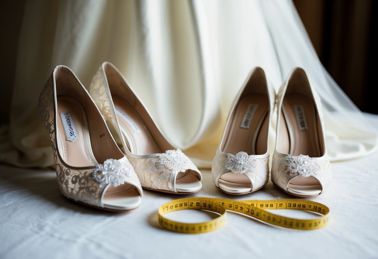 A bride's delicate lace wedding shoes beside a tape measure, with a larger pair nearby for comparison