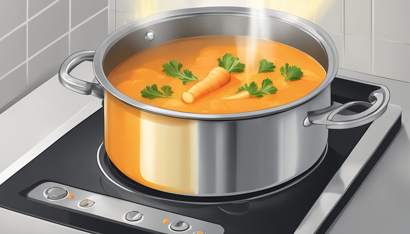 A pot of carrot and ginger soup being heated on a stovetop