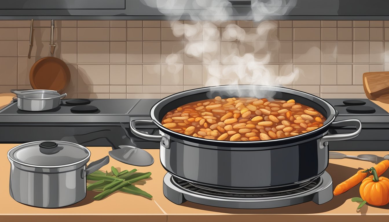 A steaming pot of cassoulet sits atop a stove, with a ladle resting on the side. The rich aroma of the hearty dish fills the kitchen