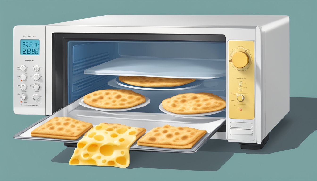 A plate of chicken and cheese flatbread bites inside a microwave, with the microwave door closed and the timer set