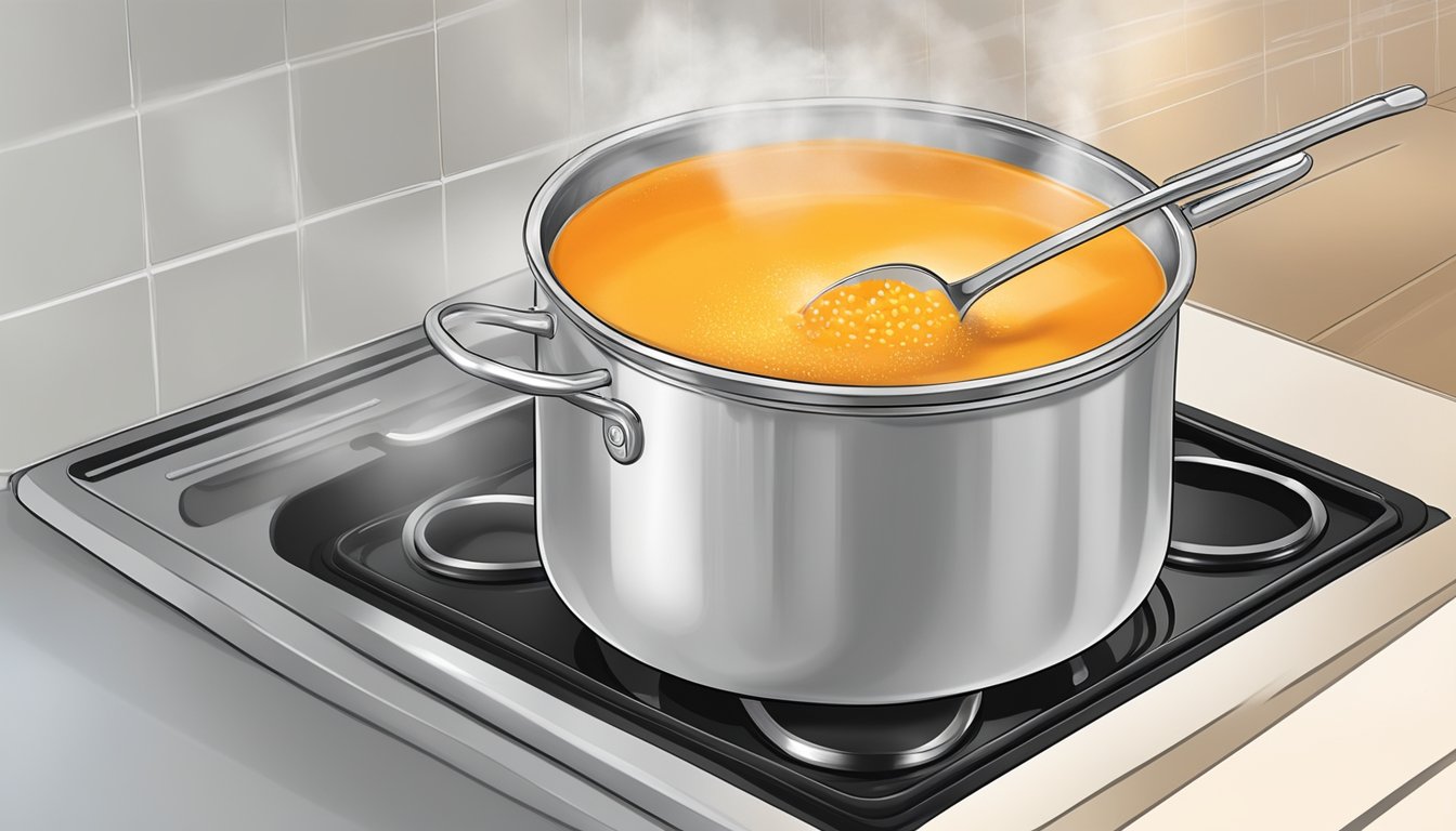 A pot of carrot and ginger soup being reheated on a stovetop, steam rising from the bubbling liquid, with a ladle resting on the edge of the pot