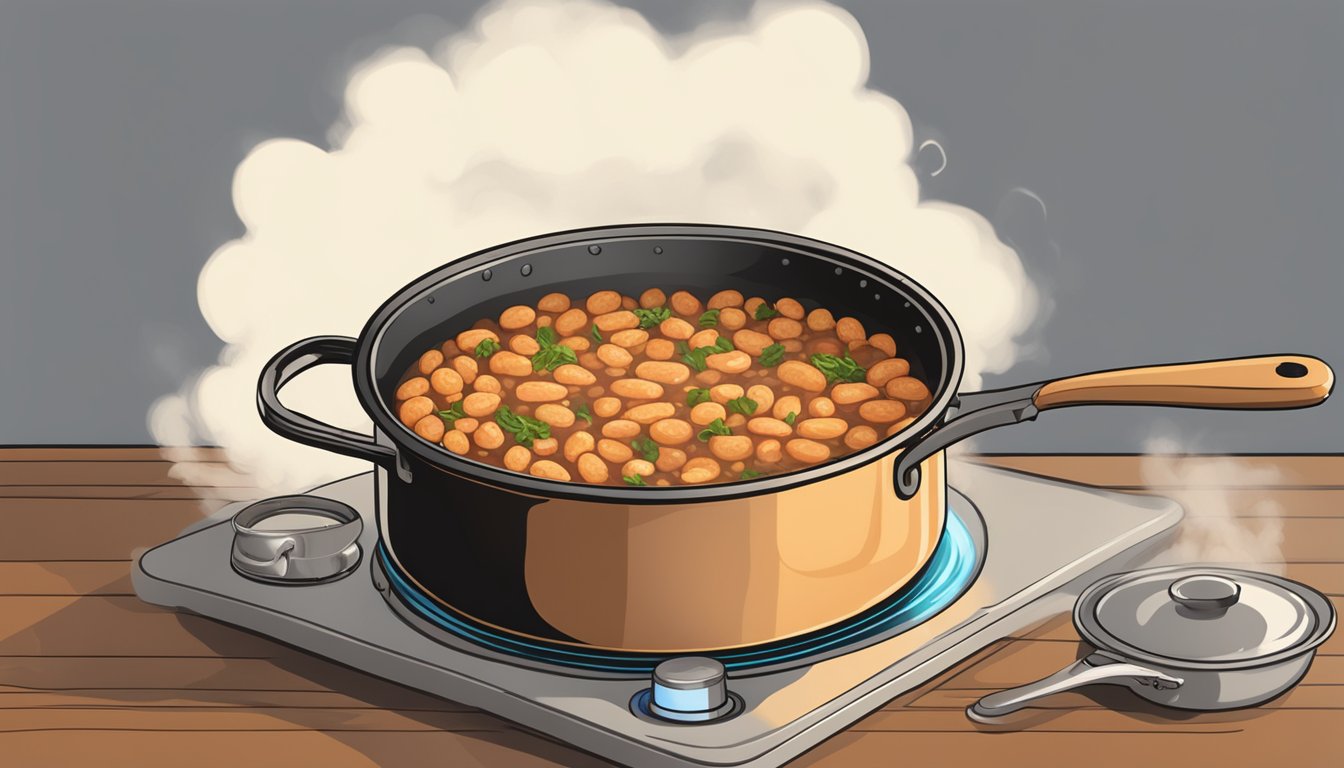 A bubbling pot of cassoulet on a stovetop, steam rising as it simmers, with a wooden spoon resting on the edge