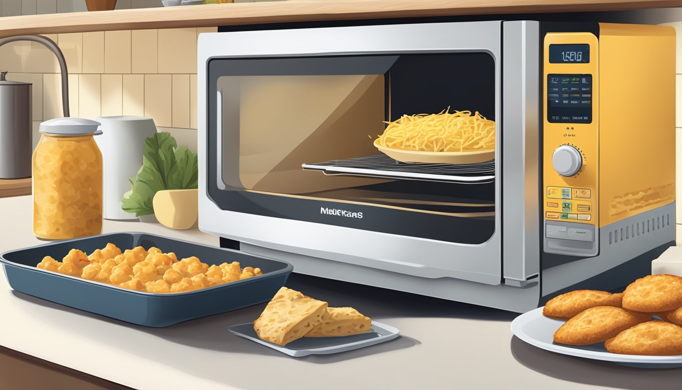 A microwave and oven sit on a kitchen counter, with a plate of chicken and cheese flatbread bites next to them