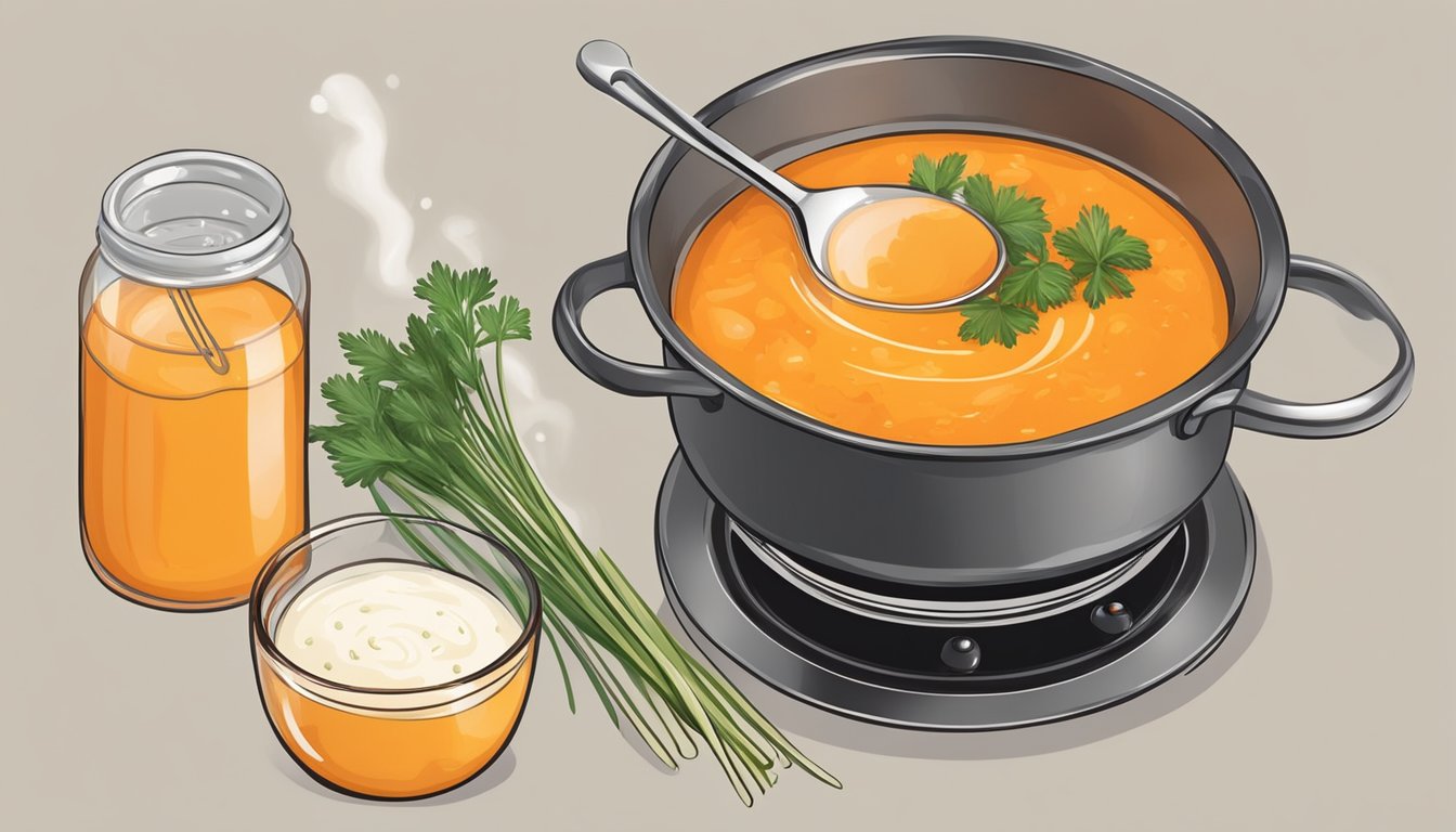 A pot of carrot and ginger soup being heated on a stove, with a ladle nearby for serving. A sprinkle of fresh herbs and a drizzle of cream for garnishing