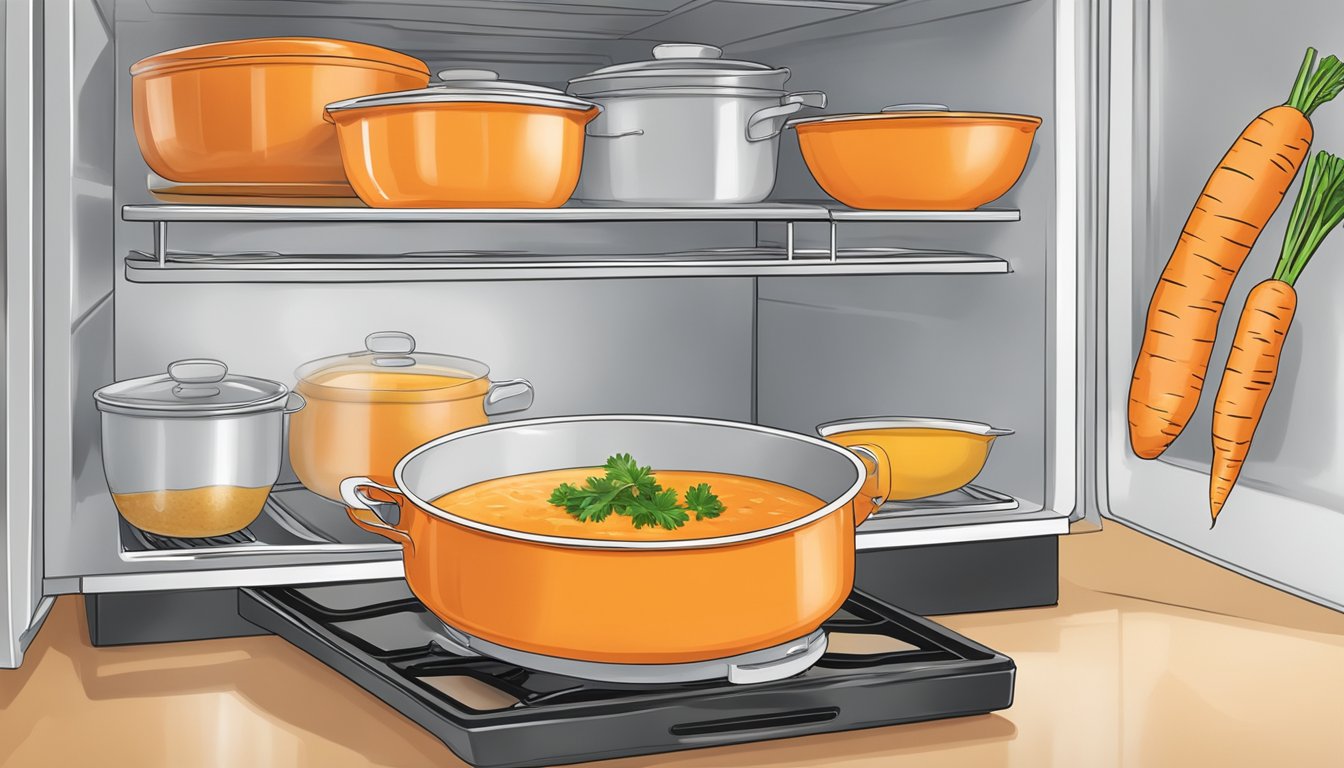 A pot of carrot and ginger soup being stored in the refrigerator, then being reheated on the stove