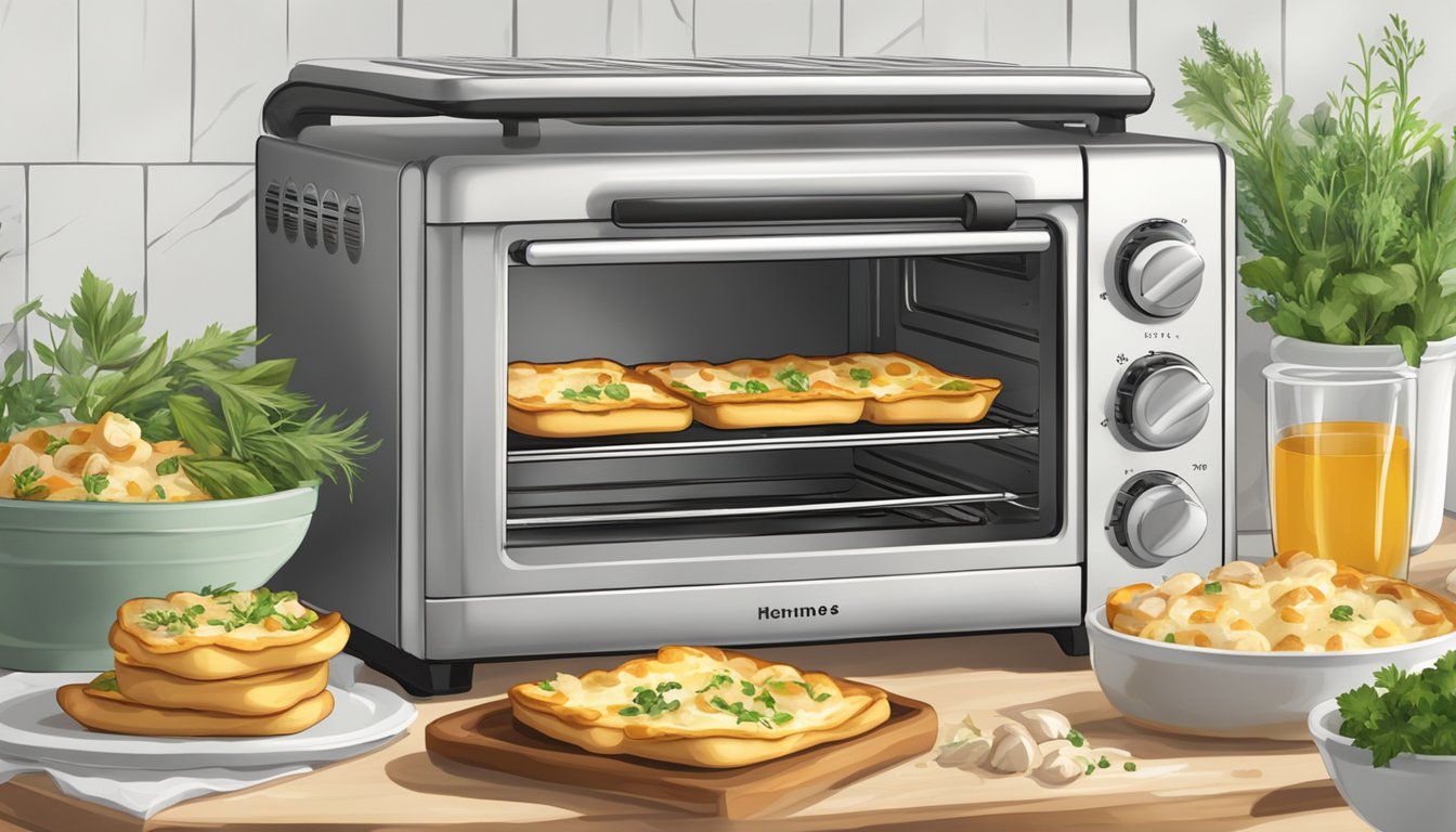 A toaster oven with golden flatbread bites topped with melted cheese and chicken, surrounded by fresh herbs and spices