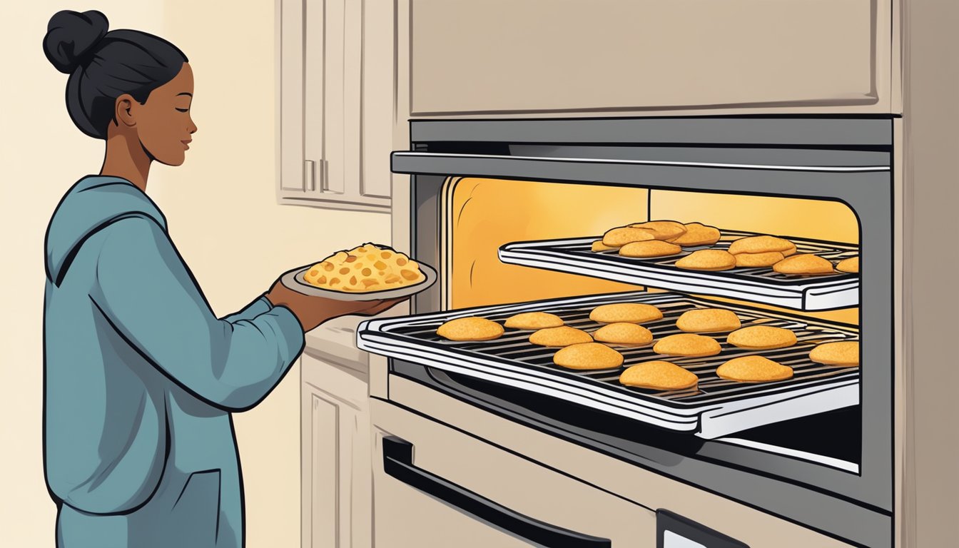 A person using an oven to reheat chicken and cheese flatbread bites, following recommended food safety guidelines