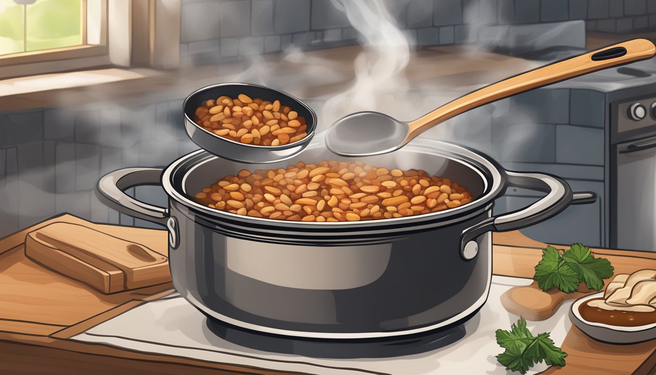 A steaming pot of cassoulet simmers on a stovetop, rich aromas filling the kitchen as a wooden spoon stirs the hearty mixture