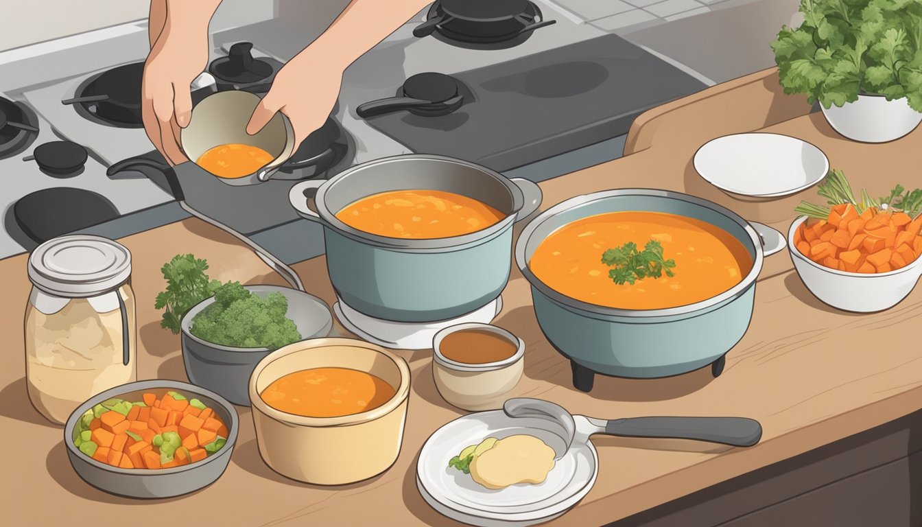 A pot of carrot and ginger soup sits on a stove next to a cutting board with chopped vegetables. A person is holding a ladle, pouring the soup into individual containers for reheating