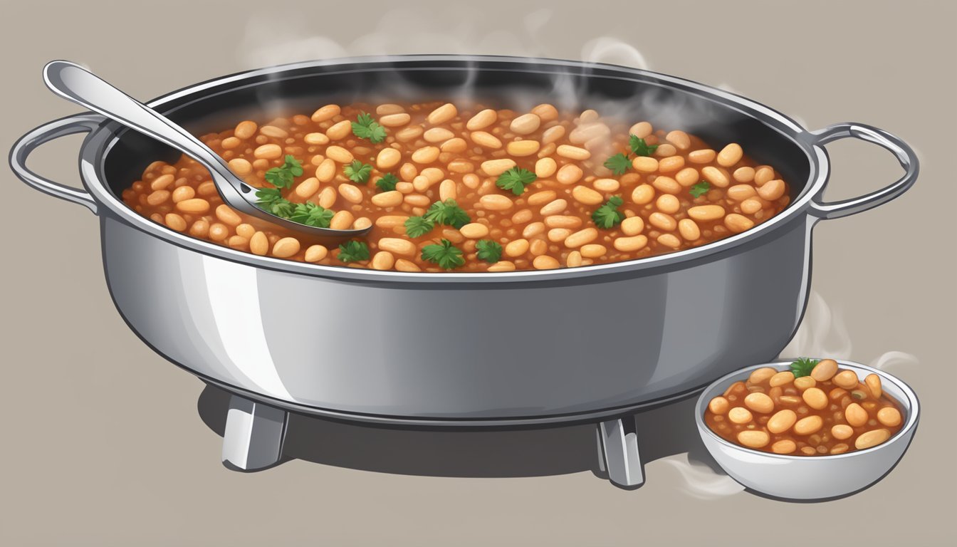 A steaming bowl of cassoulet being gently reheated in a skillet, with a spoon resting on the side