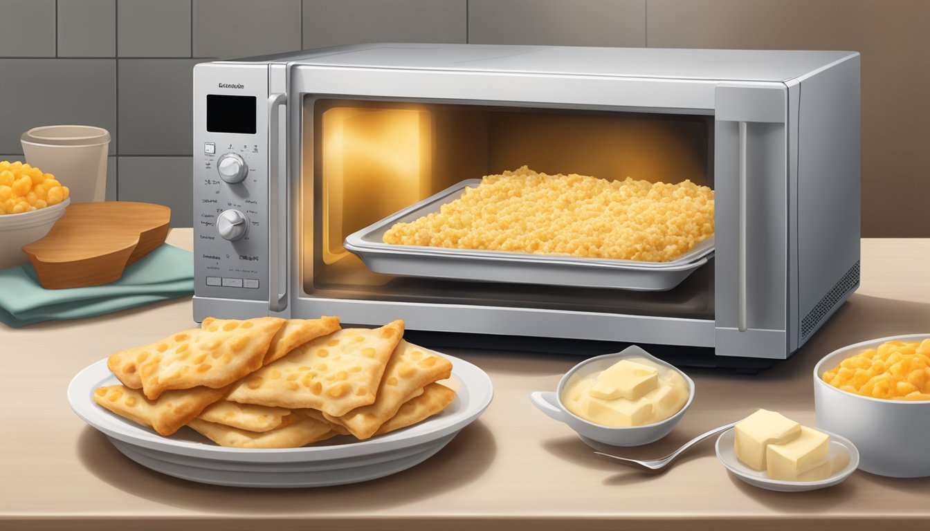 A microwave with a plate of chicken and cheese flatbread bites inside, steam rising as it reheats. A fork and napkin sit nearby