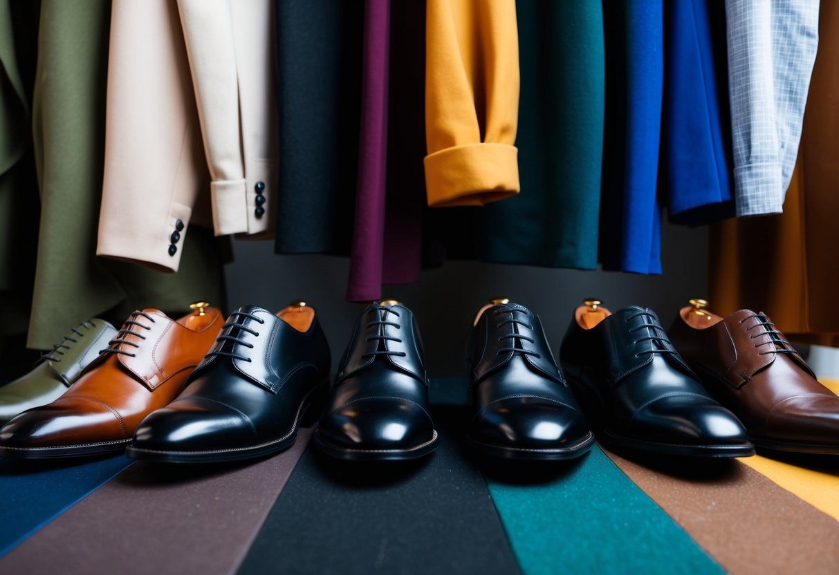 A pair of black dress shoes placed next to a variety of different colored and styled outfits, showcasing their versatility and ability to match with everything