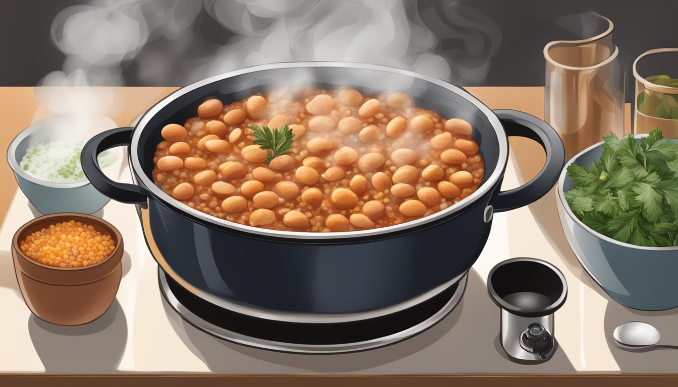 A steaming bowl of cassoulet being gently reheated on a stovetop, with aromatic herbs and spices adding depth to the rich, savory aroma