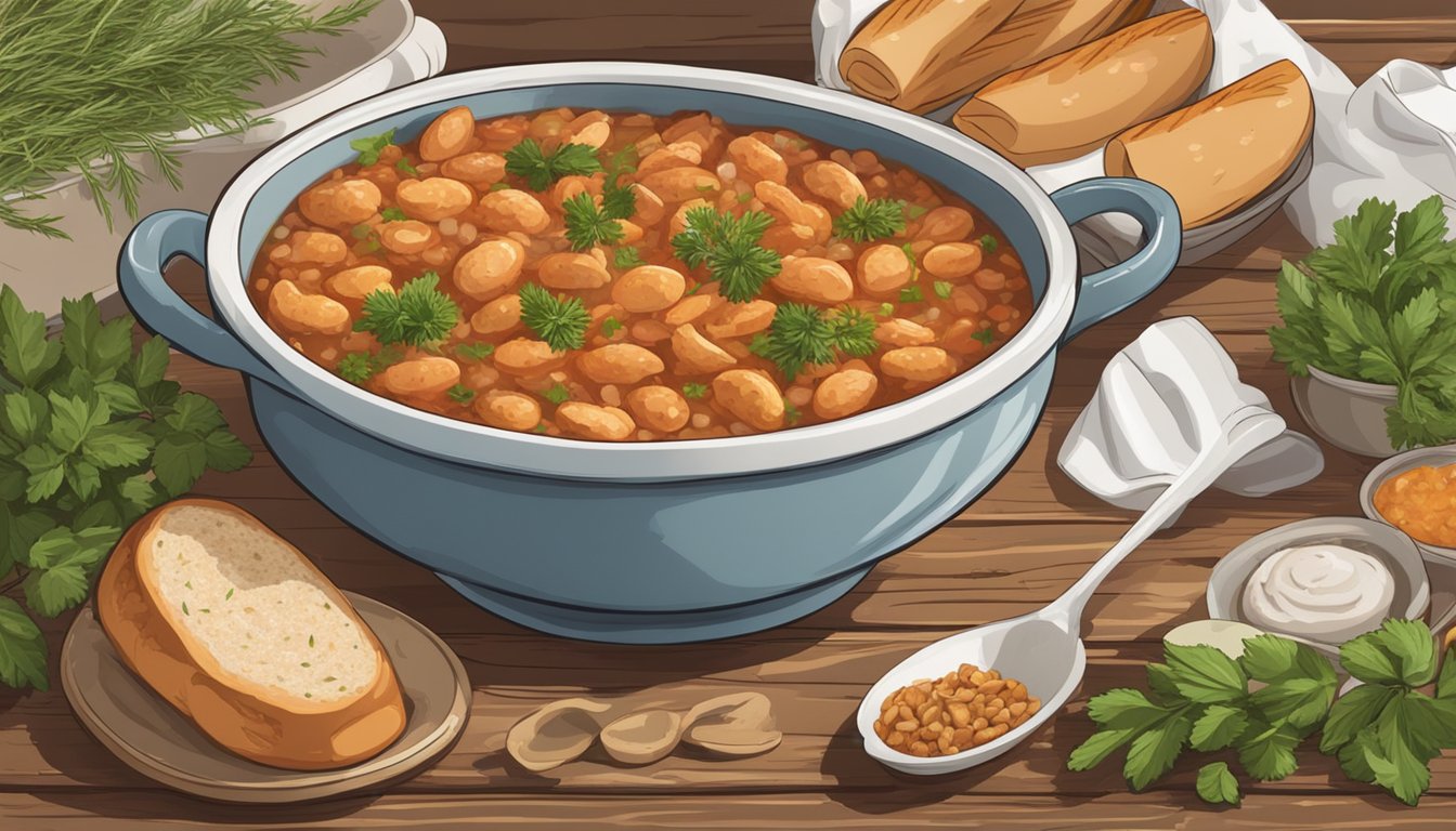 A steaming bowl of reheated cassoulet sits on a rustic wooden table, surrounded by a scattering of fresh herbs and a crusty baguette