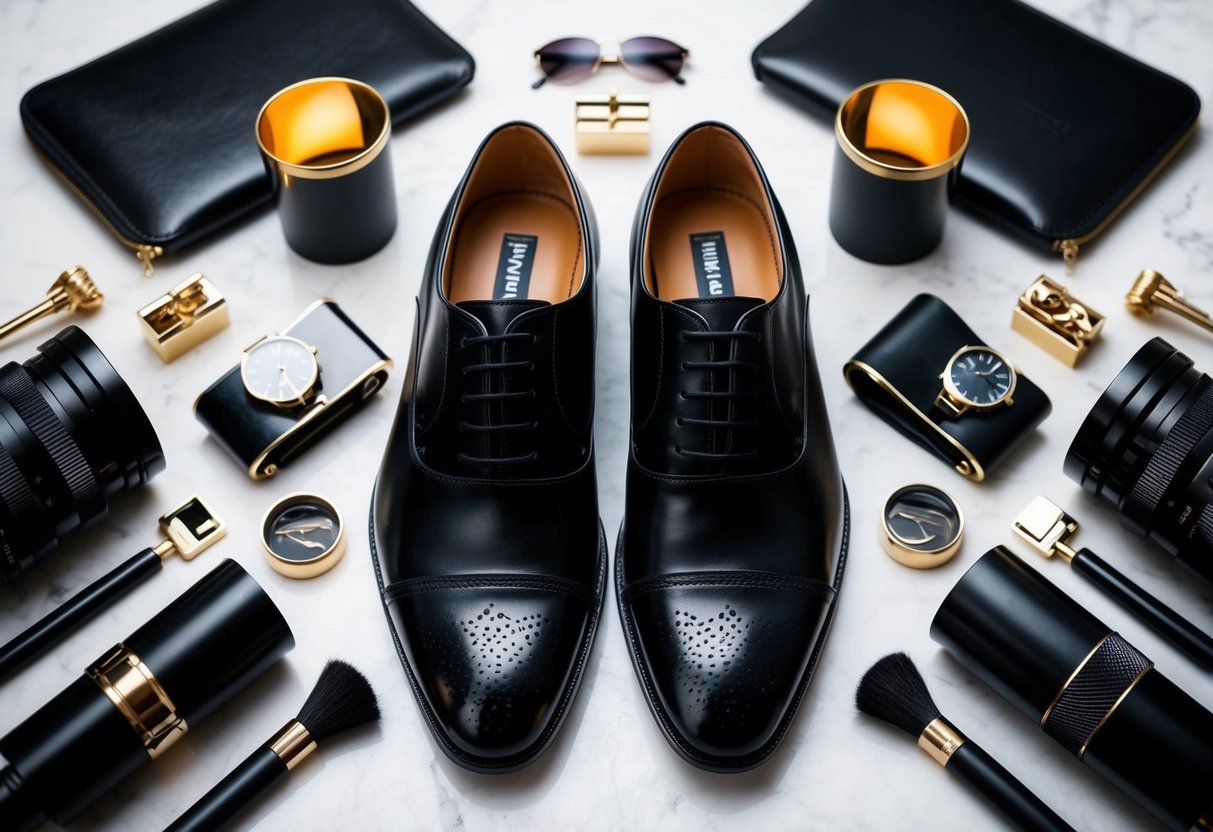 A pair of black dress shoes surrounded by various accessories in a stylish and coordinated manner