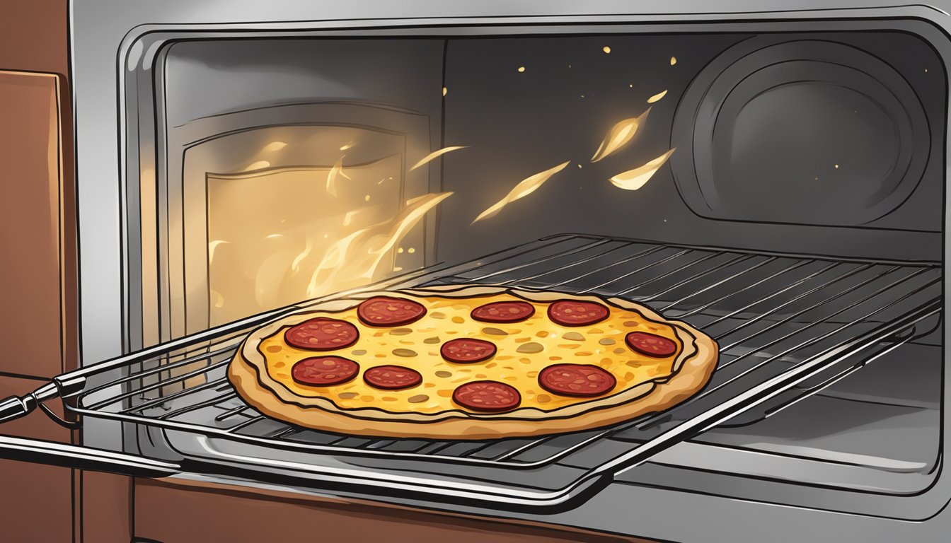 A slice of cauliflower crust pepperoni pizza being reheated in a preheated oven, with a golden and crispy crust, bubbling cheese, and sizzling pepperoni