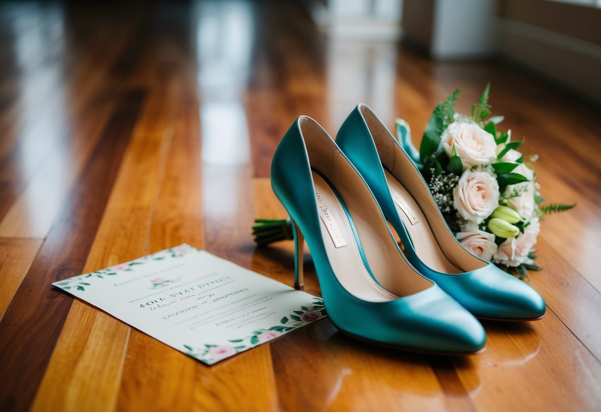 A pair of elegant high heels placed next to a fancy invitation and a bouquet of flowers on a polished wooden floor