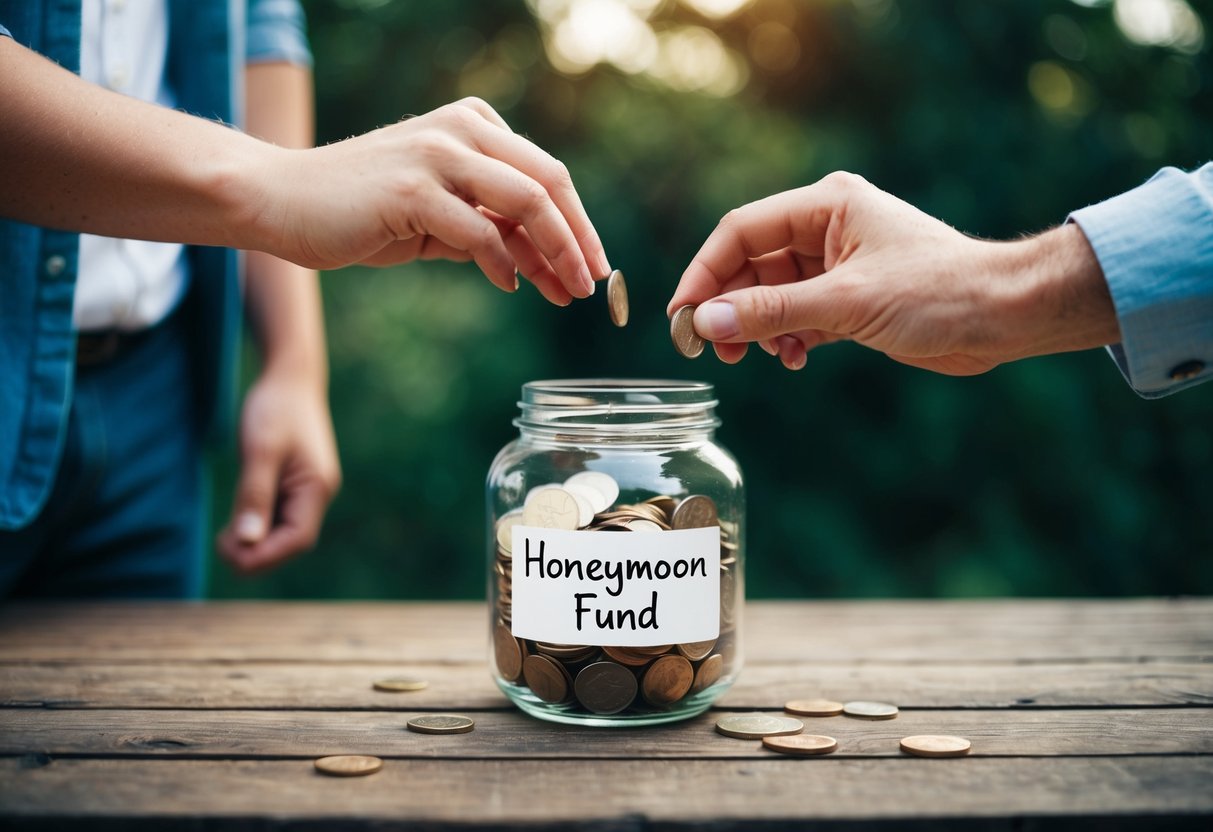 A couple's hands drop coins into a jar labeled "Honeymoon Fund" on a rustic wooden table