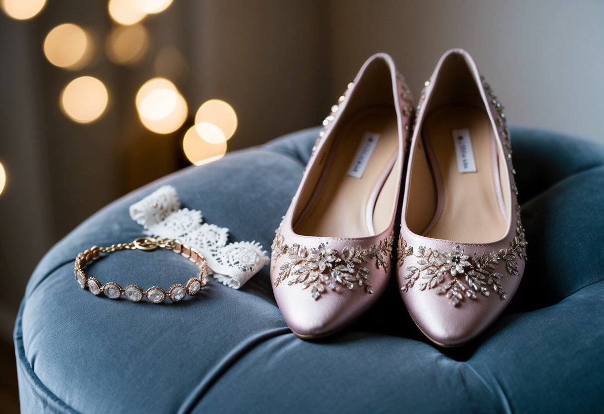 A pair of elegant, embellished flats sit next to a delicate lace garter and a jeweled anklet, all on a plush velvet cushion