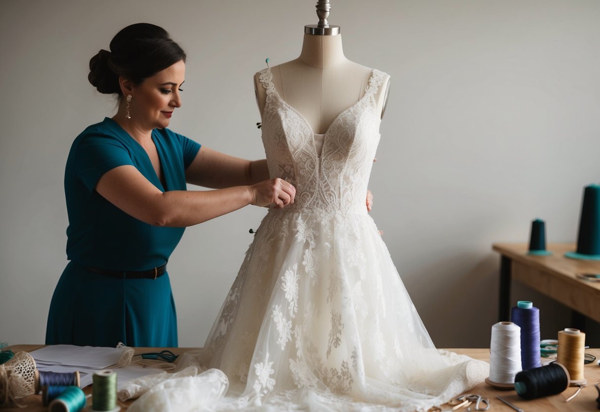 A seamstress carefully pins and adjusts a delicate lace wedding dress on a dress form, surrounded by spools of thread and a cluttered work table
