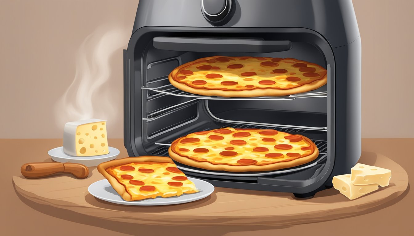 A cheese pizza being reheated in an air fryer, with a crispy crust and melted cheese