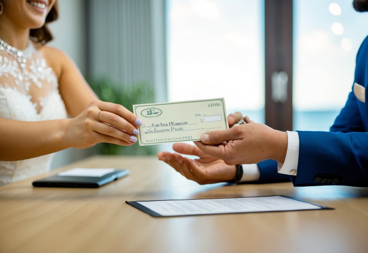 A couple hands over a check to a wedding planner in exchange for a honeymoon package