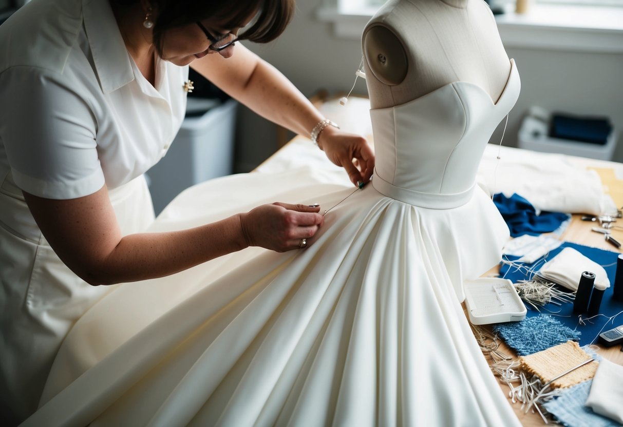 A seamstress carefully pins and measures a flowing white wedding gown on a dress form, surrounded by a clutter of needles, thread, and fabric swatches