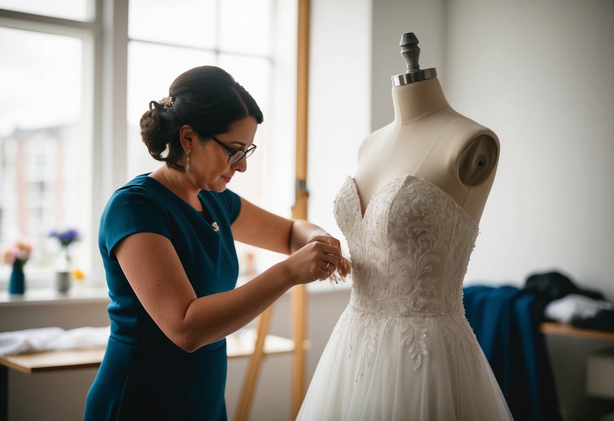 A seamstress carefully pinning and adjusting a wedding dress on a mannequin in a well-lit studio
