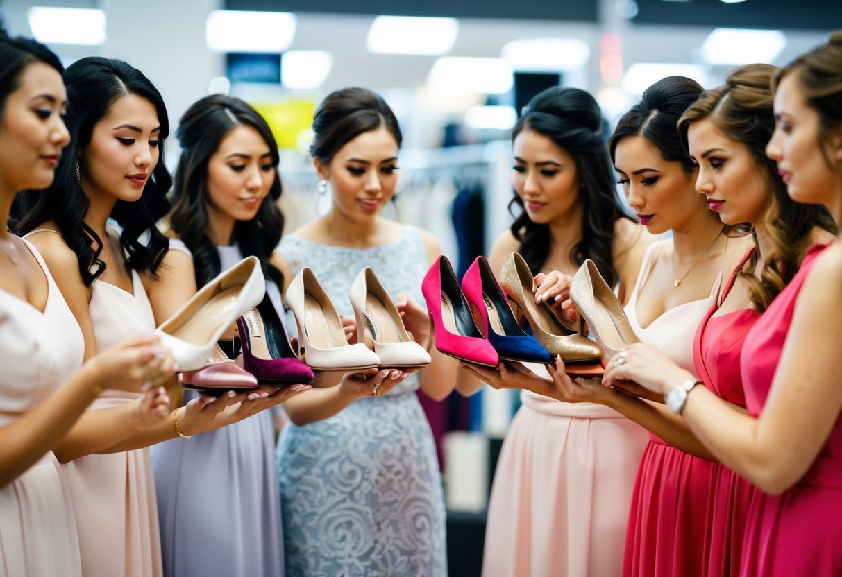 A group of bridesmaids trying on different pairs of shoes at a store, each holding up a shoe and examining it closely