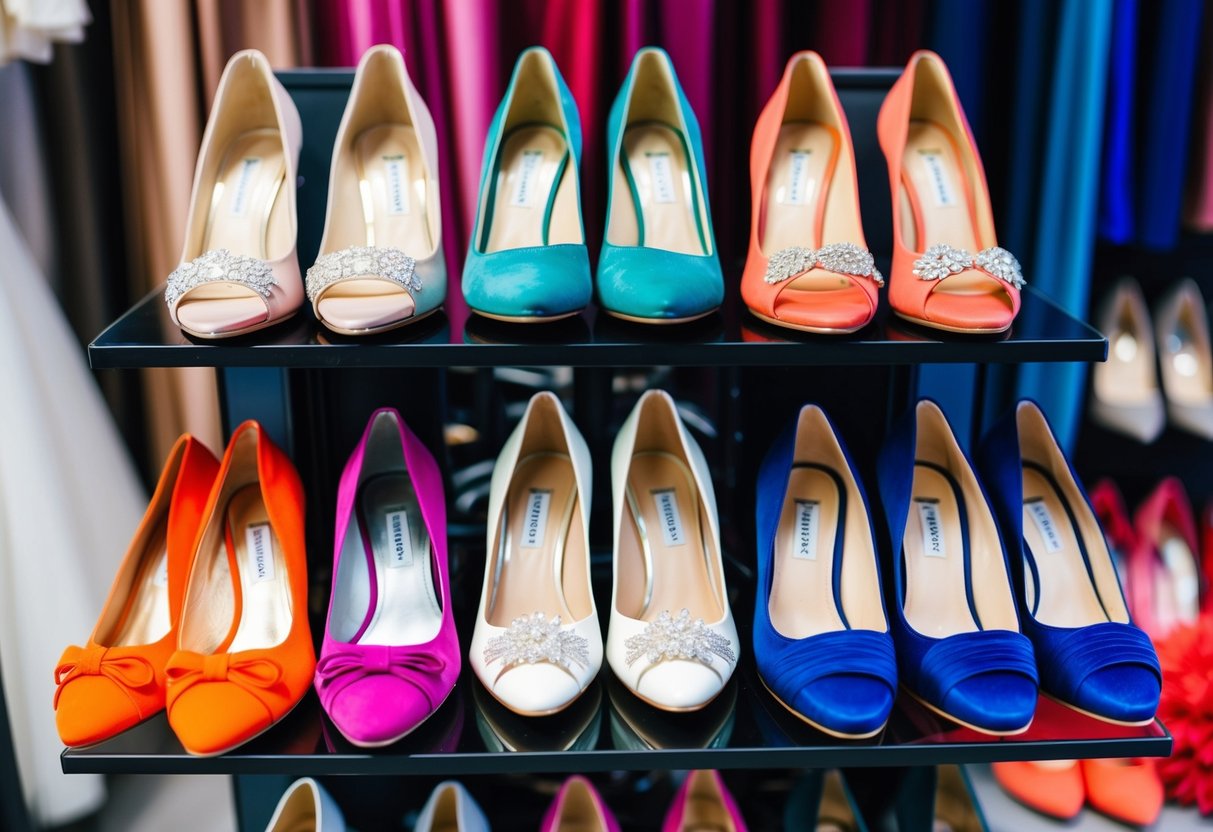 A group of bridesmaid shoes arranged neatly on a store display, showcasing a variety of styles and colors