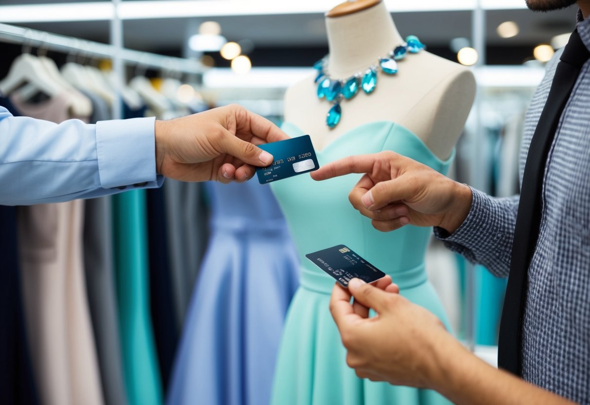 A man hands over a credit card to a salesperson while pointing to a dress on display