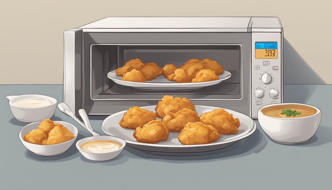 A plate of chicken and gravy bites being reheated in a microwave