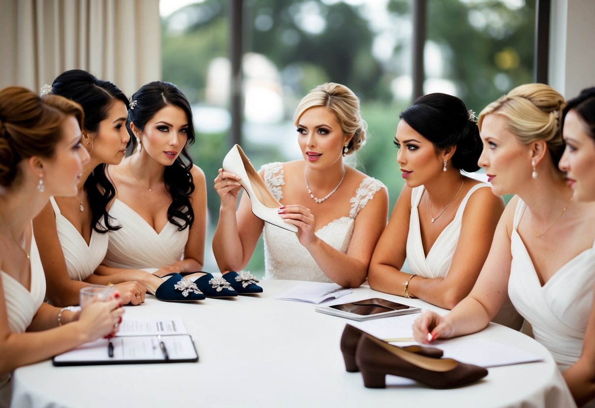 A group of bridesmaids gather around a table, discussing wedding expenses. One bridesmaid holds up a pair of shoes, while the others listen attentively