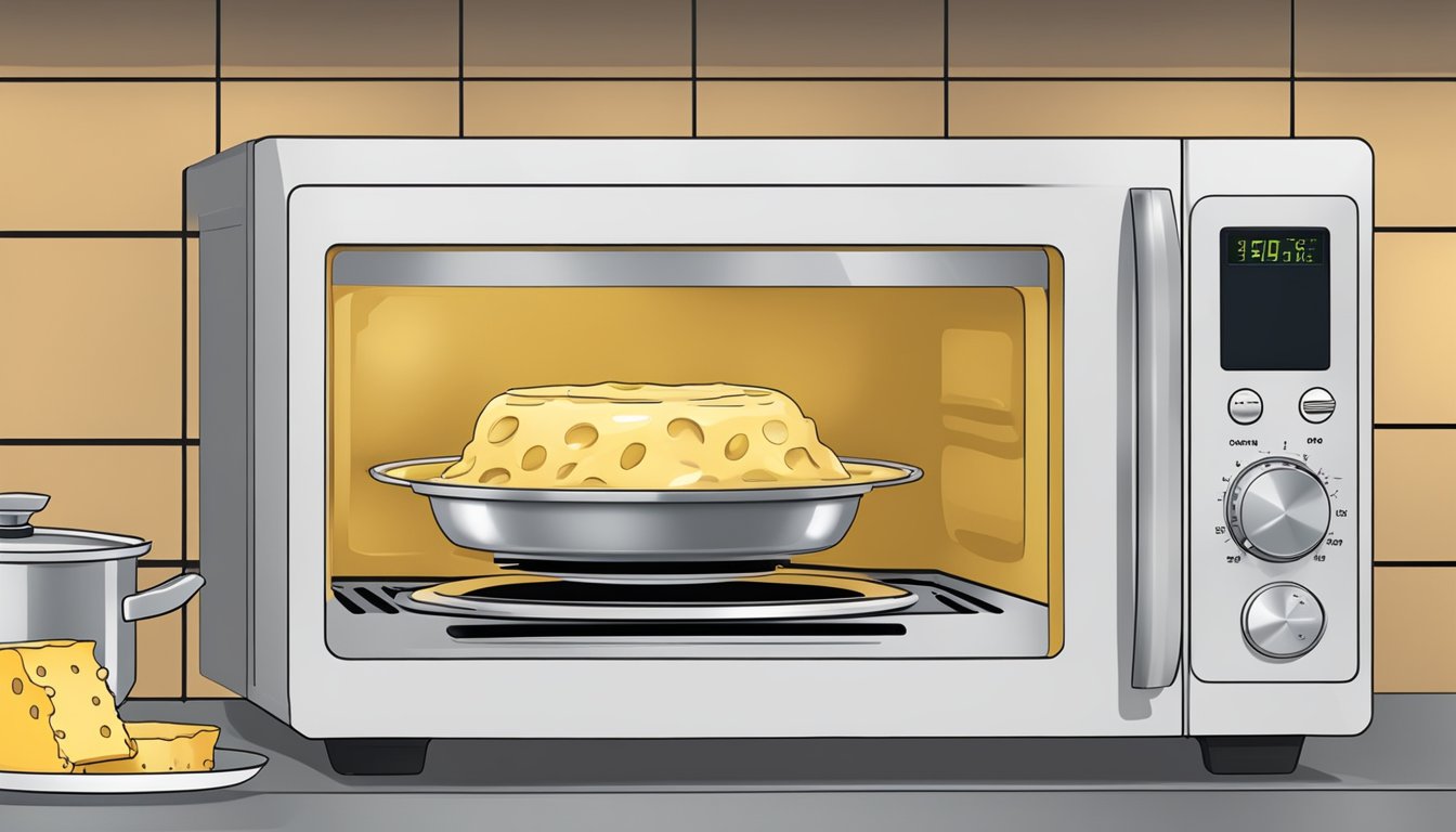 A microwave with a plate of cheese ravioli inside, a pot of boiling water, and a skillet on a stovetop