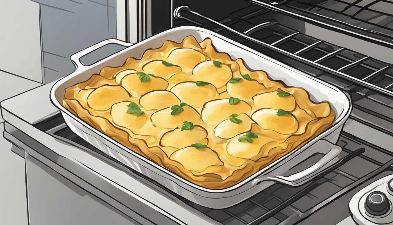 A baking dish of cheesy scalloped potatoes being heated in the oven