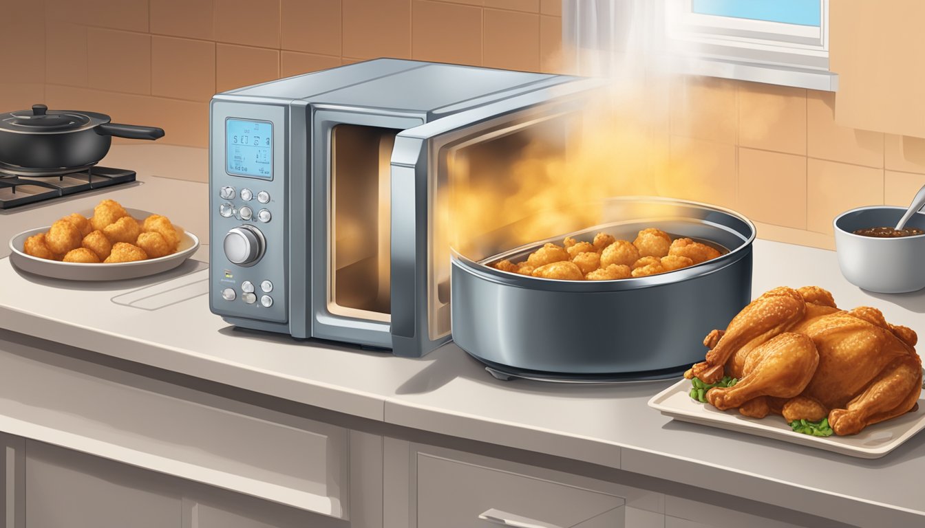 A microwave, oven, and stovetop are shown with chicken and gravy bites being reheated in each, emitting steam and sizzling sounds