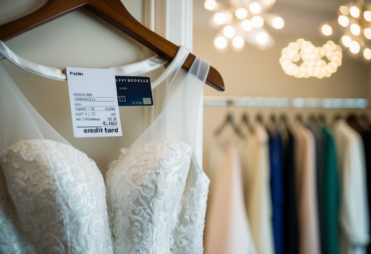 A woman's elegant dress hanging on a hanger, with a receipt and a credit card beside it