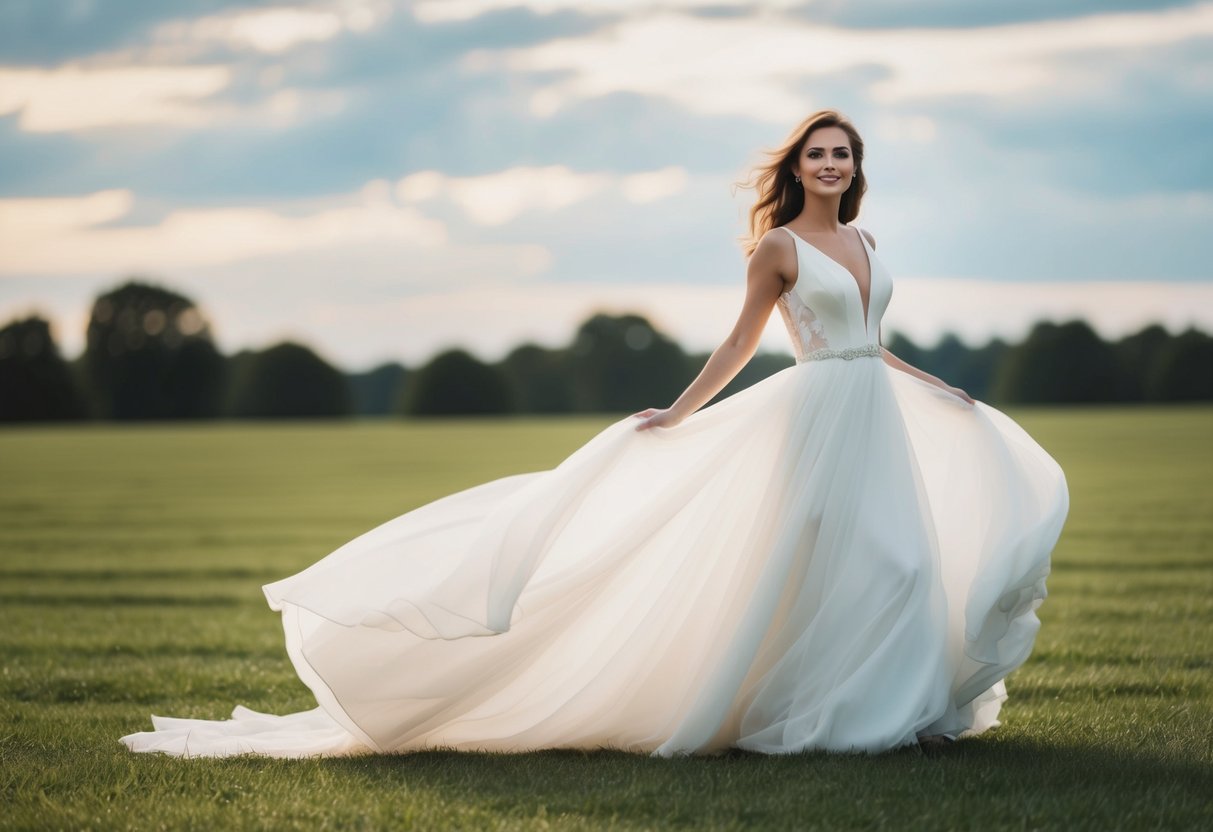 A bride in a flowing white wedding dress stands confidently with her arms at her sides, exuding a sense of freedom and empowerment