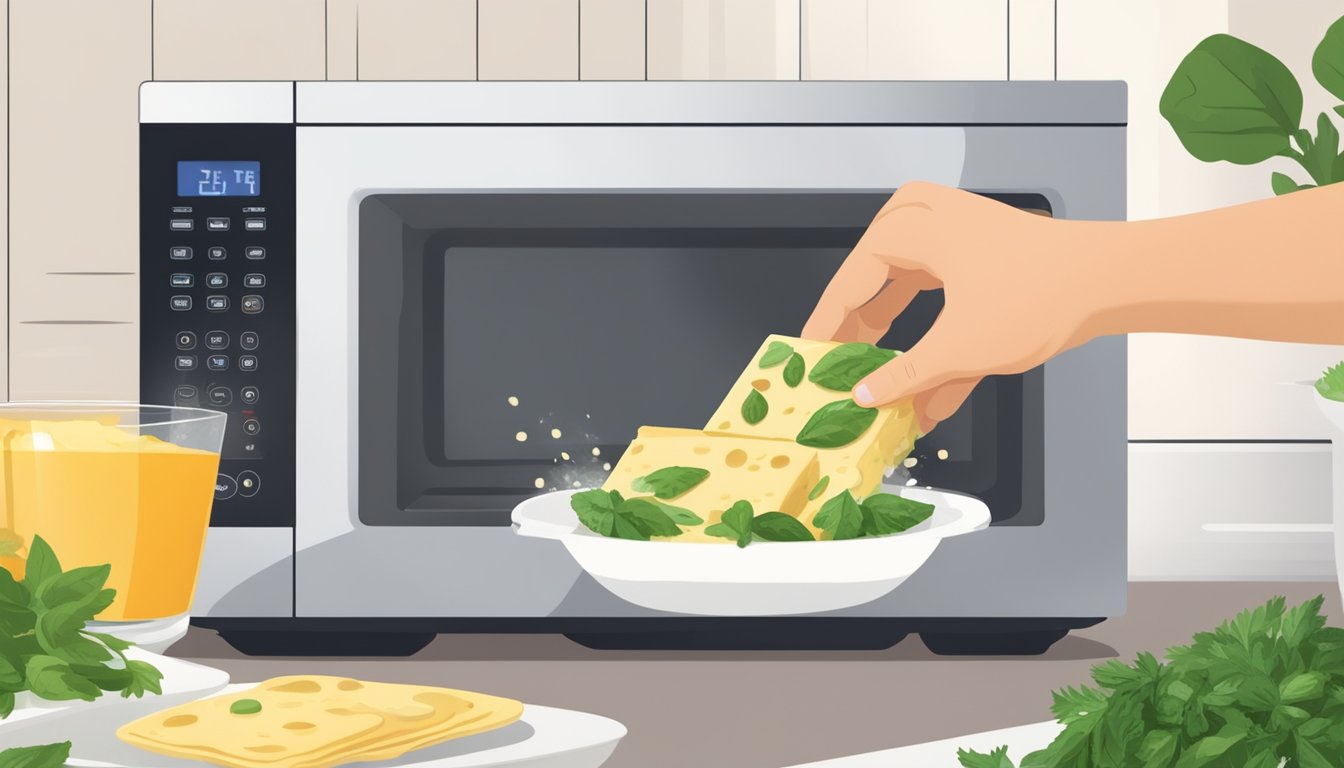 A plate of cheese ravioli being carefully removed from a microwave, steam rising as a hand sprinkles fresh herbs on top