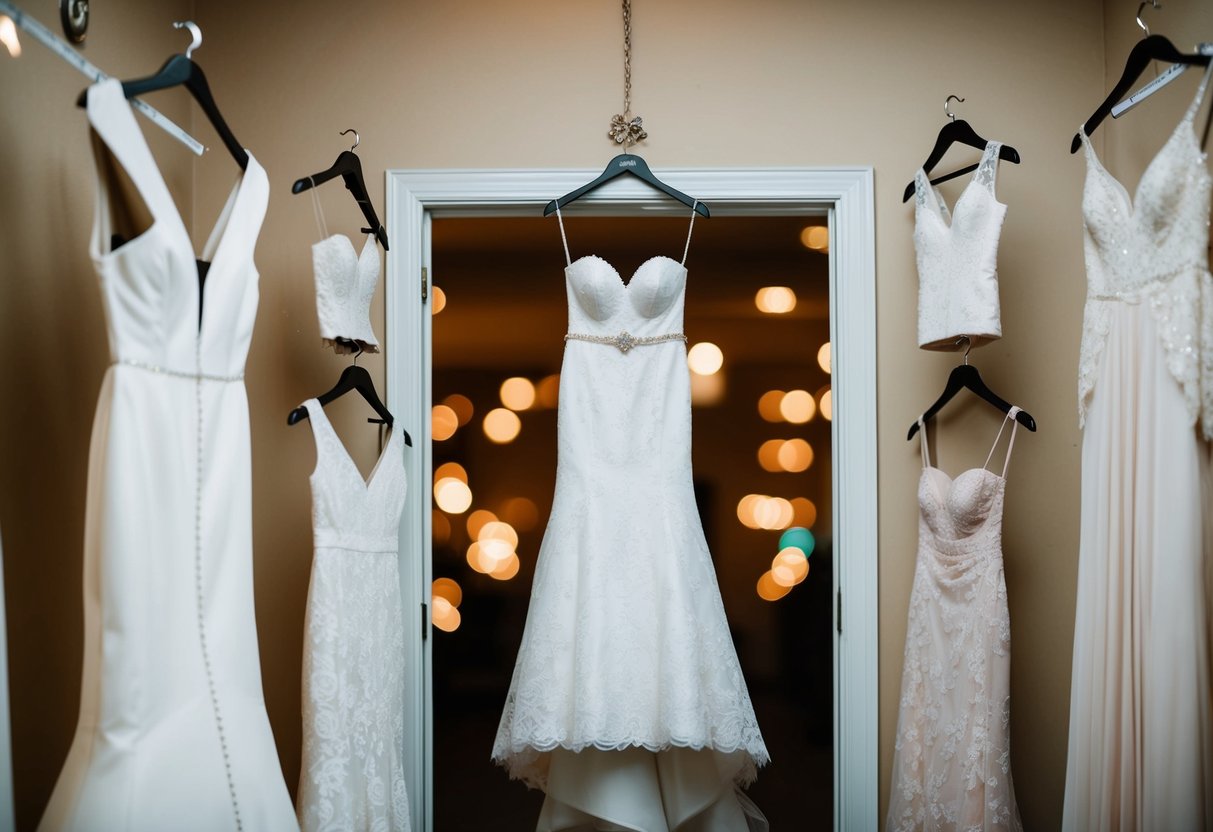 A wedding dress on a hanger with various alteration options displayed around it
