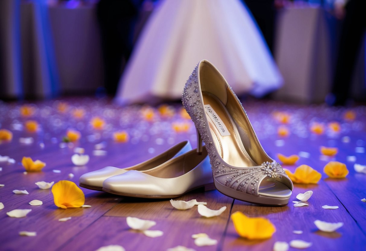 A pair of elegant high heels sits next to a comfortable pair of flats, surrounded by scattered flower petals and confetti on the dance floor