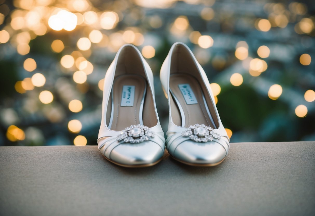 A pair of elegant wedding shoes placed next to a comfortable pair of flats, symbolizing the transition from ceremony to reception