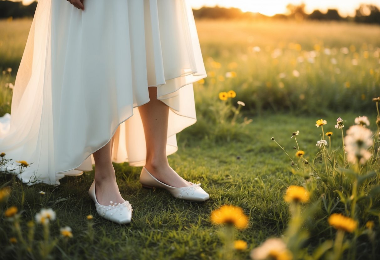 A bride in a flowing white gown stands on a grassy meadow, wearing elegant flats adorned with delicate lace and pearls. Wildflowers bloom around her feet, and a warm, golden sunset bathes the scene in a soft, romantic glow