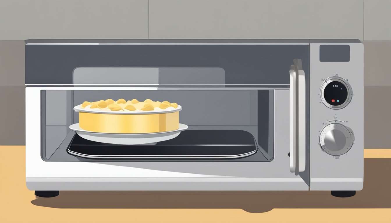 A plate of cheese ravioli being reheated in a microwave, steam rising from the dish as it rotates on the turntable