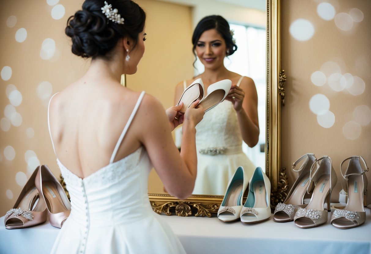 A bride trying on a pair of elegant flats in front of a mirror, surrounded by various styles of wedding shoes