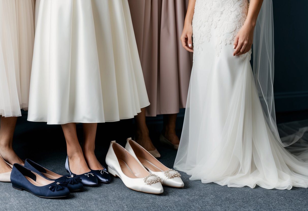 A bride in a flowing wedding gown stands beside a pair of elegant flats, surrounded by a mix of formal and casual footwear