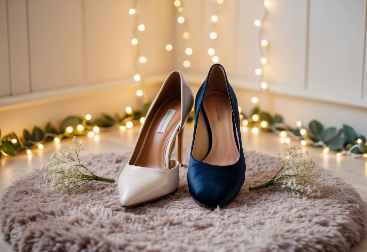A pair of elegant high heels and a pair of comfortable flats sit side by side on a plush rug, surrounded by twinkling fairy lights and delicate floral decorations